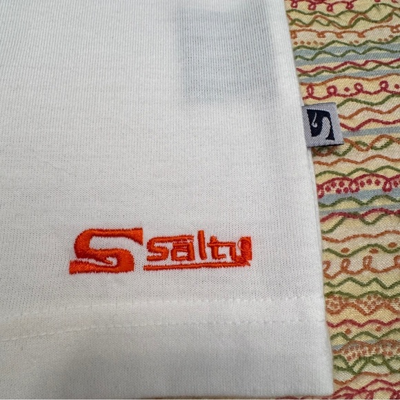Salty Brand Very Clean White t-shirt with Aqua/Orange pin strips Size Large - Picture 3 of 9